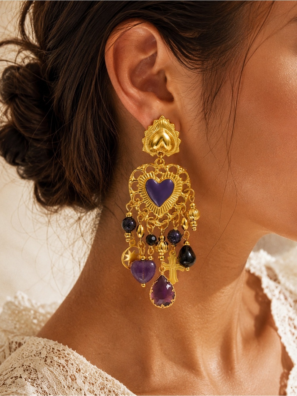 Purple Heart Charm Statement Earrings | Gold Plated| Vintage Gothic Boho Jewelry - Picture 3 of 4